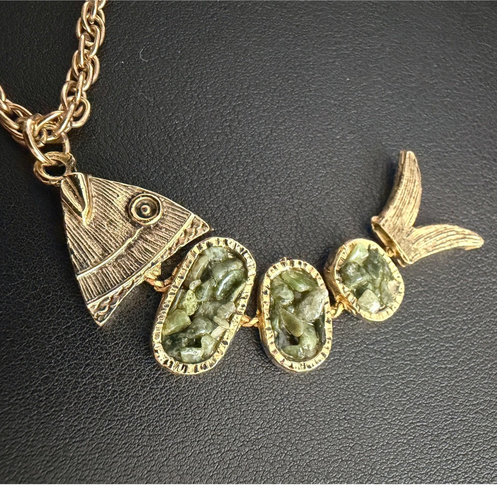 Vintage Fish Necklace Articulated Gold Tone Green Stone Good Luck